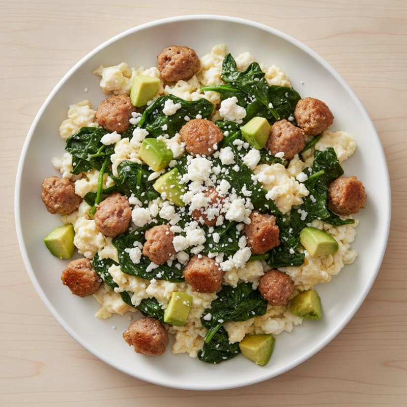 Egg White and Turkey Sausage Scramble with Sautéed Spinach
