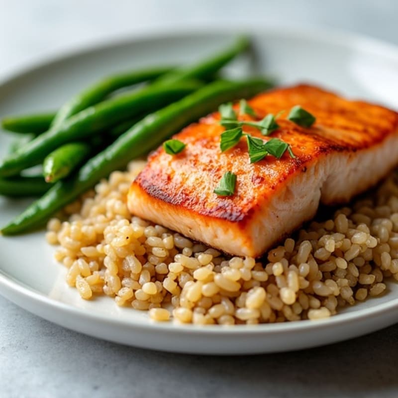 Seared Salmon Fillet with Garlic Green Beans and Brown Rice