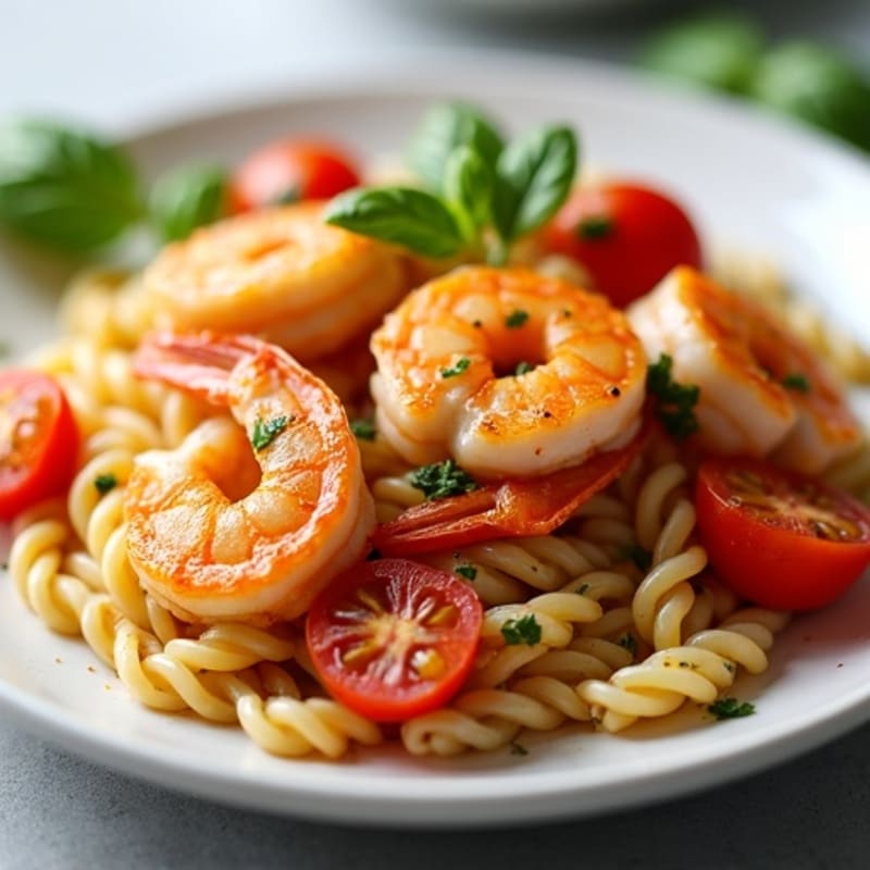 Spicy Garlic Shrimp Protein Pasta with Roasted Tomatoes
