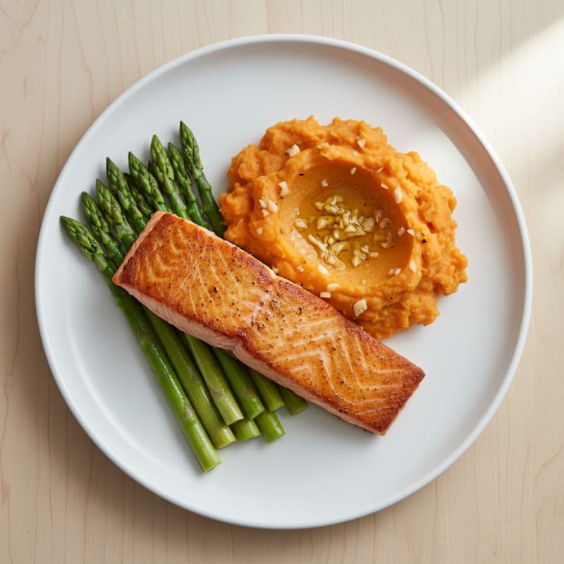 Seared Salmon with Steamed Asparagus and Garlic Mashed Sweet Potatoes