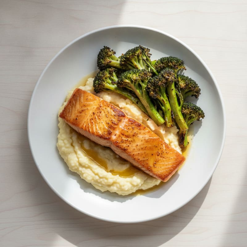 Seared Salmon with Roasted Broccoli and Garlic Mash