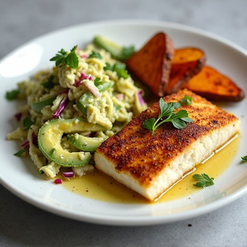 Blackened Cod with Creamy Avocado Slaw and Crispy Roasted Sweet Potatoes