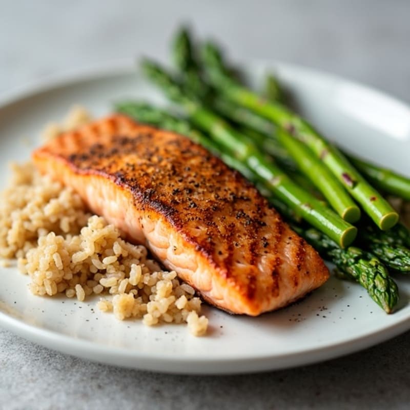 Seared Salmon with Steamed Asparagus and Brown Rice