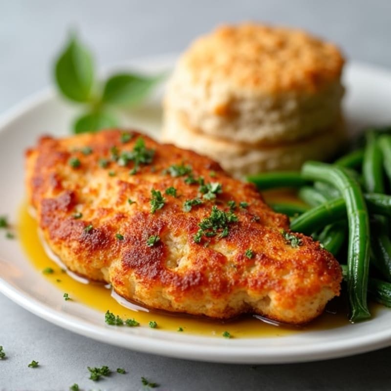 Crispy Baked Chicken with Fluffy Whole Wheat Drop Biscuits and Roasted Green Beans
