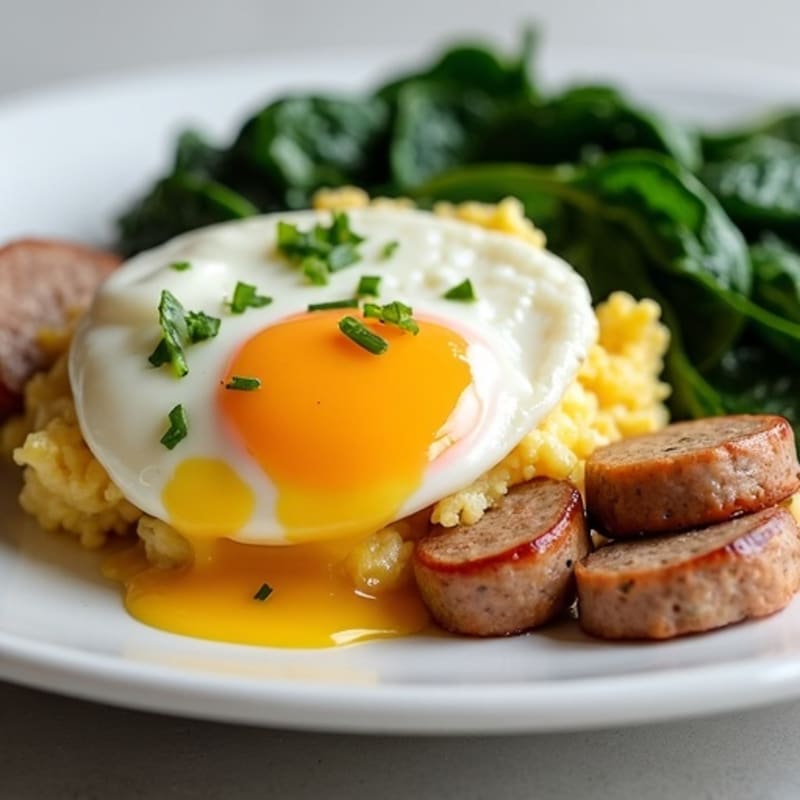 Egg White and Turkey Sausage Scramble with Sautéed Spinach