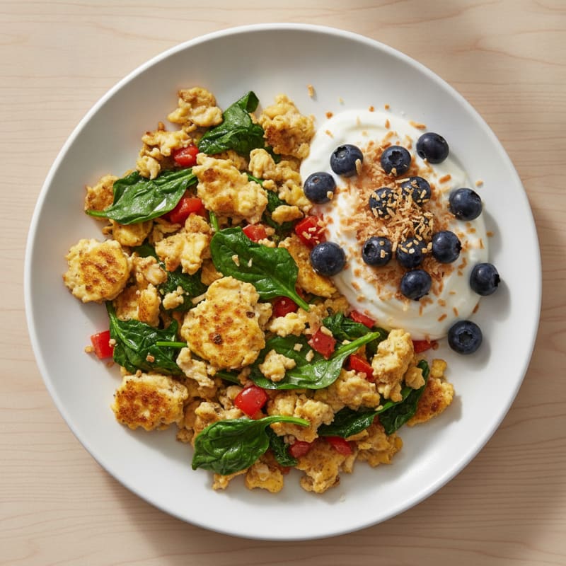 Egg and Veggie Scramble with Greek Yogurt and Berries