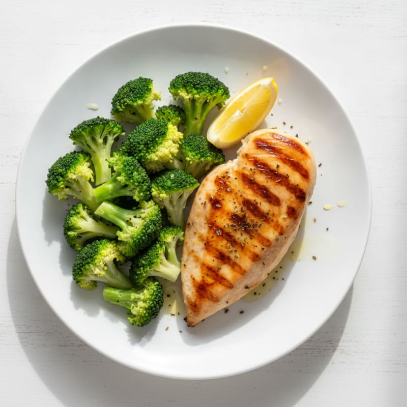 Grilled Chicken Breast with Steamed Broccoli and Lemon