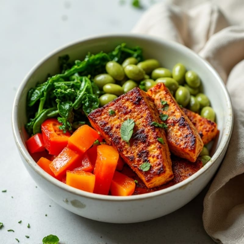 Crispy Baked Tofu with Roasted Sweet Potato Bowl
