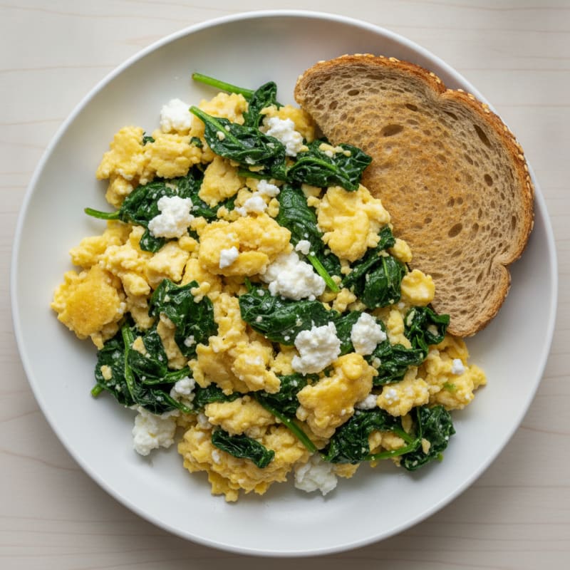 Scrambled Eggs with Cottage Cheese and Sautéed Spinach