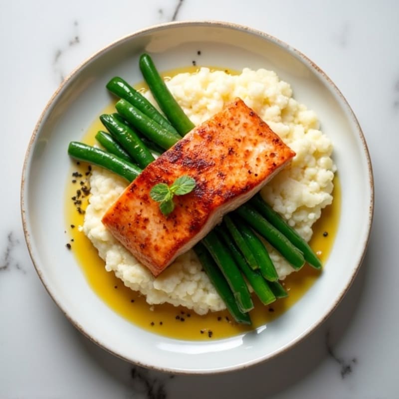 Seared Salmon with Steamed Green Beans and Cauliflower Mash