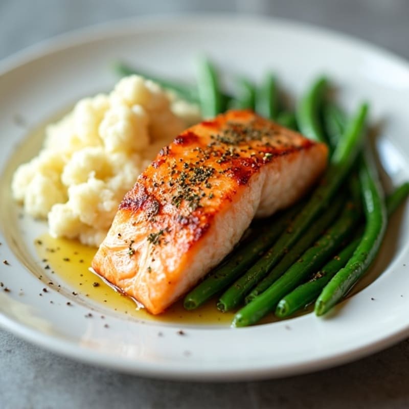 Seared Salmon with Garlic Green Beans and Mashed Cauliflower