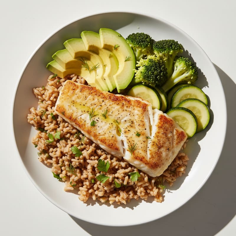 Pan-Seared Fish with Herb Rice and Steamed Vegetables