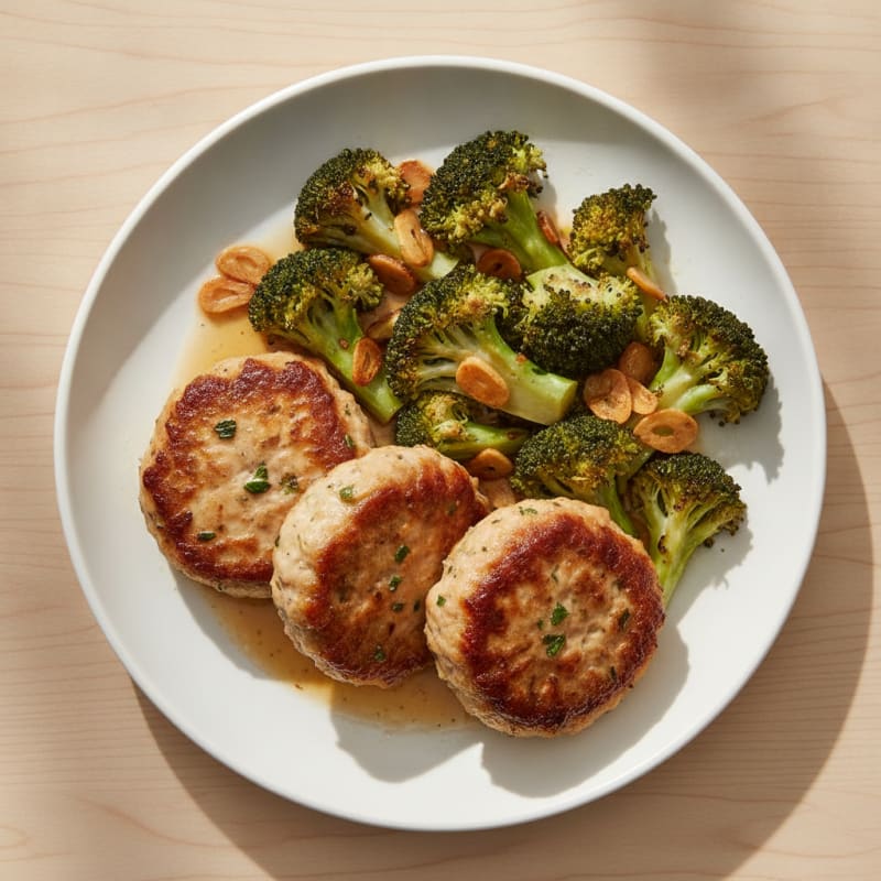 Seared Turkey Patties with Roasted Broccoli and Garlic