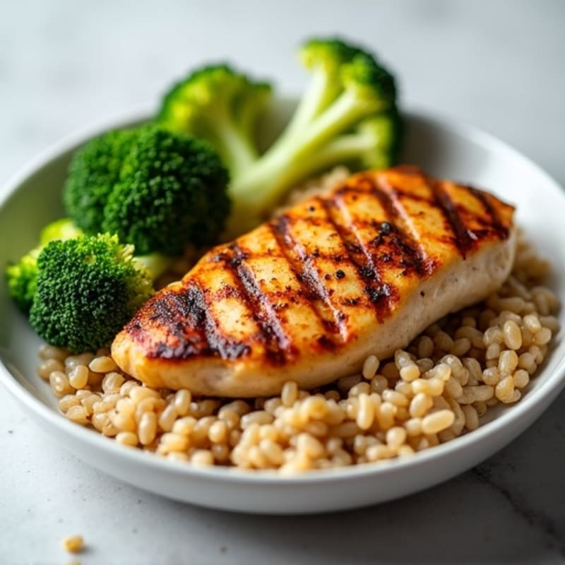 Grilled Chicken Breast with Steamed Broccoli and Brown Rice