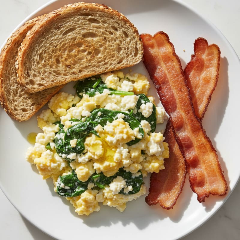 Cottage Cheese Egg Scramble with Spinach and Turkey Bacon