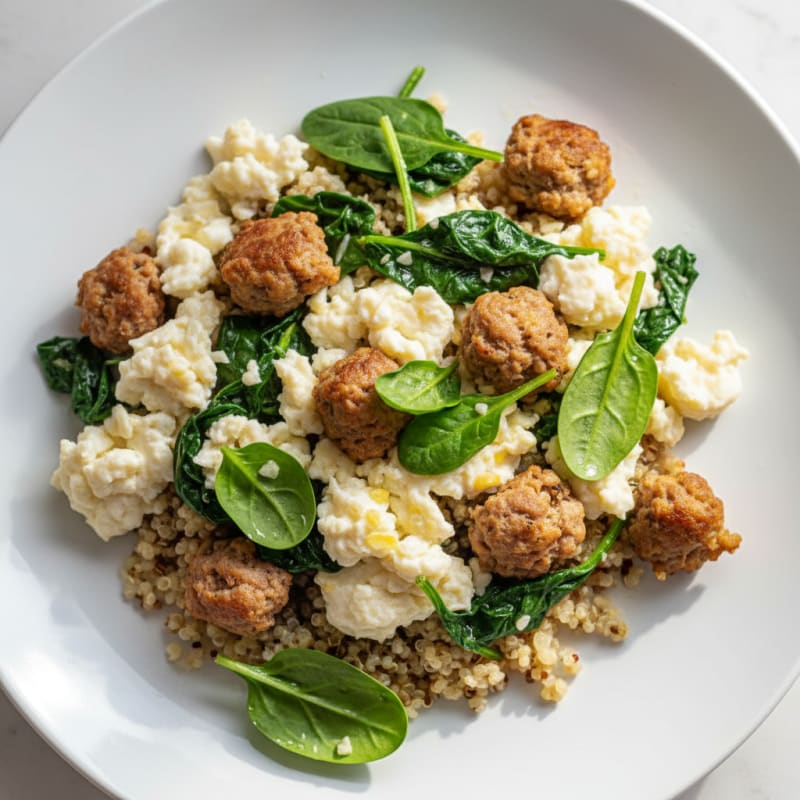 Egg White and Turkey Sausage Scramble with Sautéed Spinach