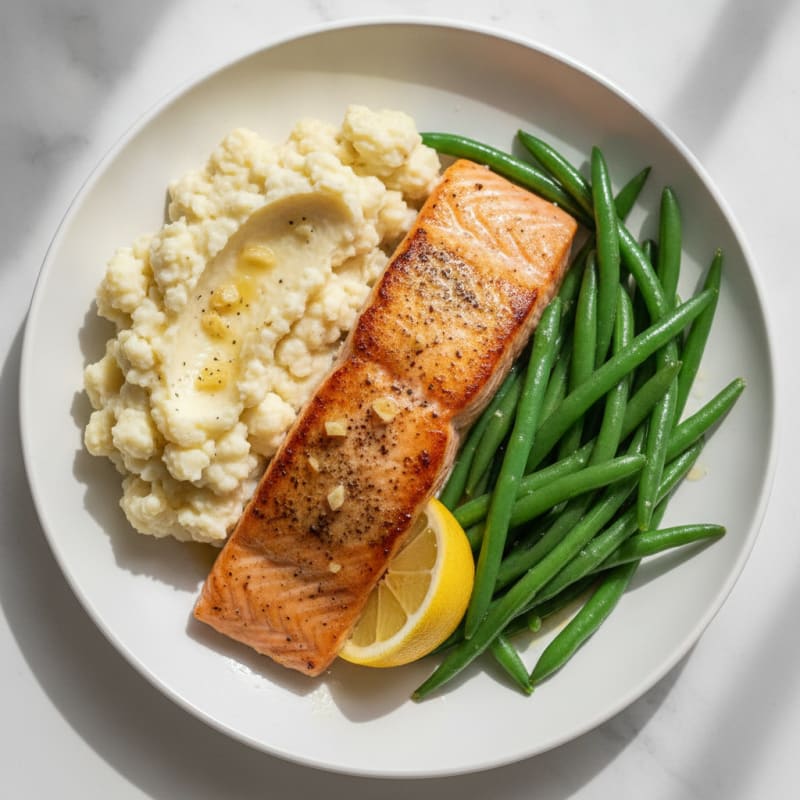 Seared Salmon Fillet with Steamed Green Beans and Garlic Mashed Cauliflower