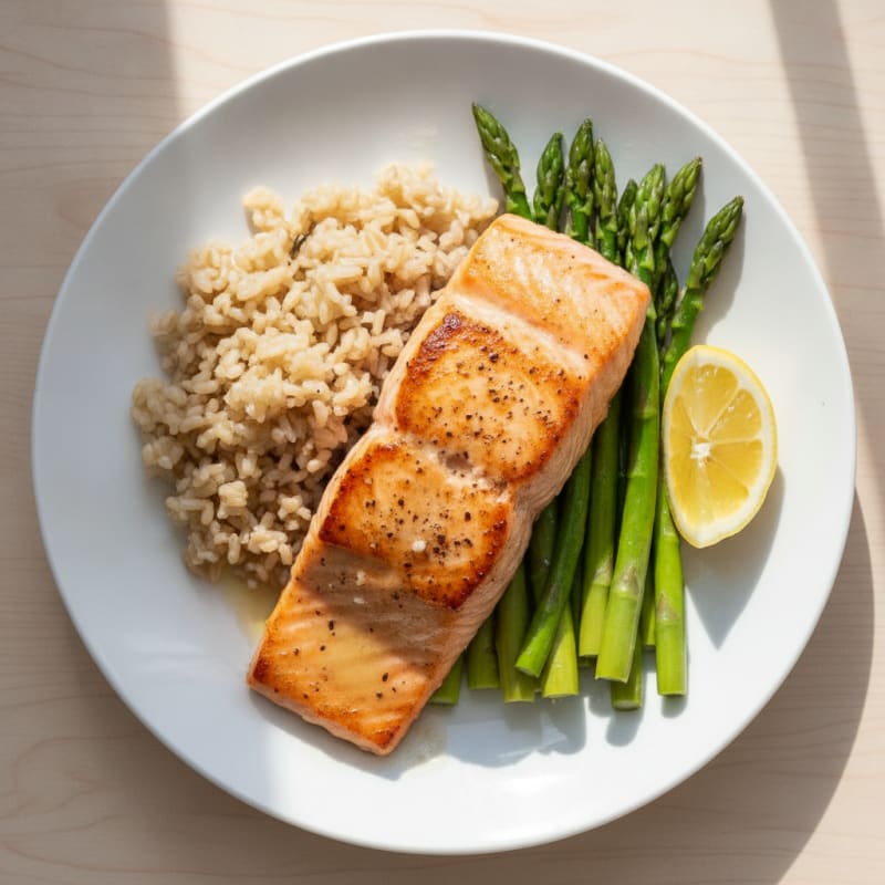 Seared Salmon Fillet with Steamed Asparagus and Brown Rice