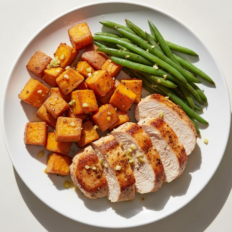 Seared Turkey Breast with Roasted Sweet Potatoes and Green Beans
