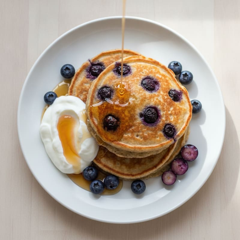 Blueberry Ricotta Pancakes with Maple Syrup