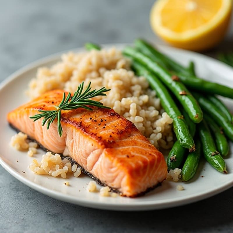 Seared Salmon Fillet with Steamed Green Beans and Brown Rice