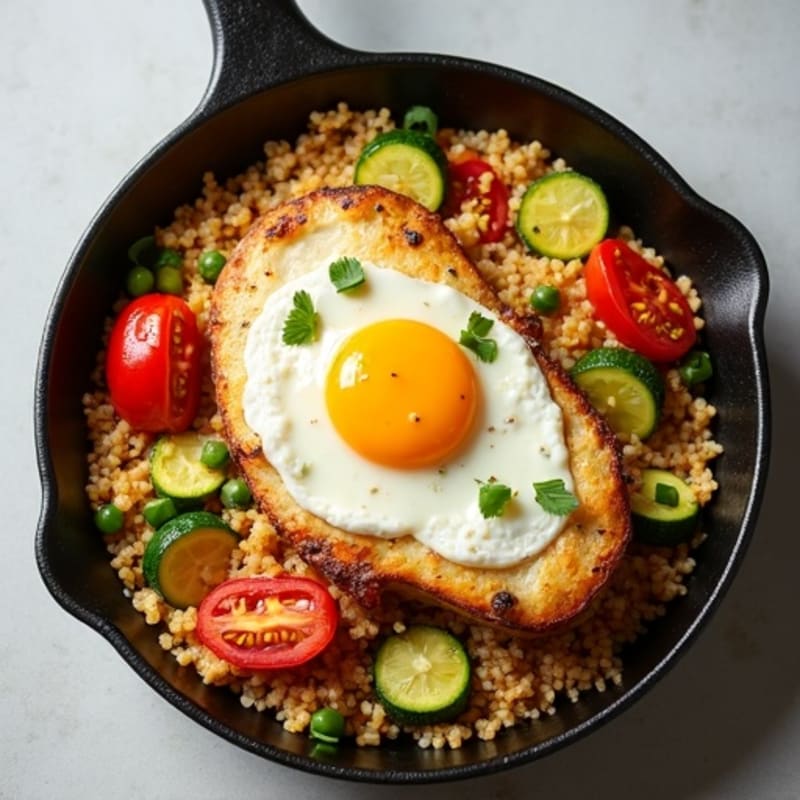 Chicken Quinoa Skillet with Zucchini, Tomatoes, and Cheesy Baked Eggs