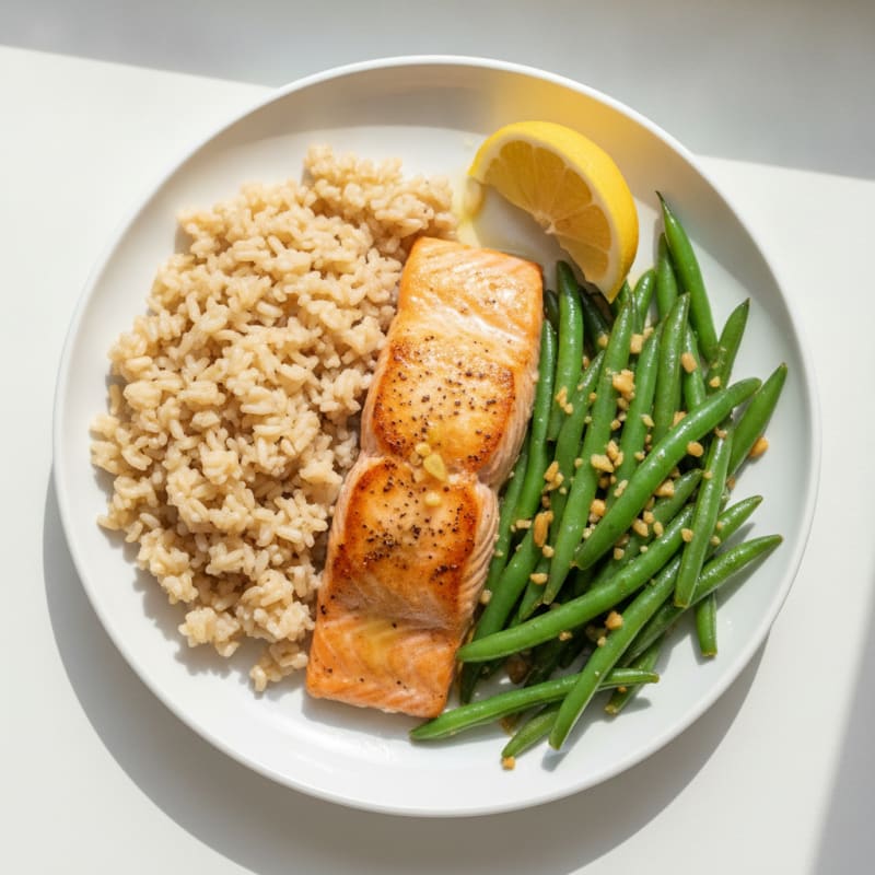 Seared Salmon with Garlic Green Beans and Brown Rice