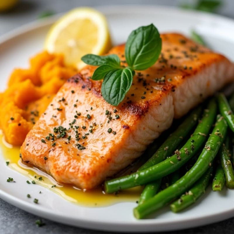 Seared Salmon Fillet with Garlic Green Beans and Sweet Potato Mash