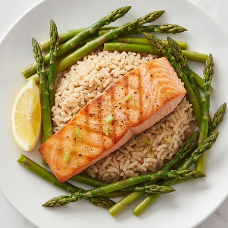 Seared Salmon Fillet with Steamed Asparagus and Brown Rice