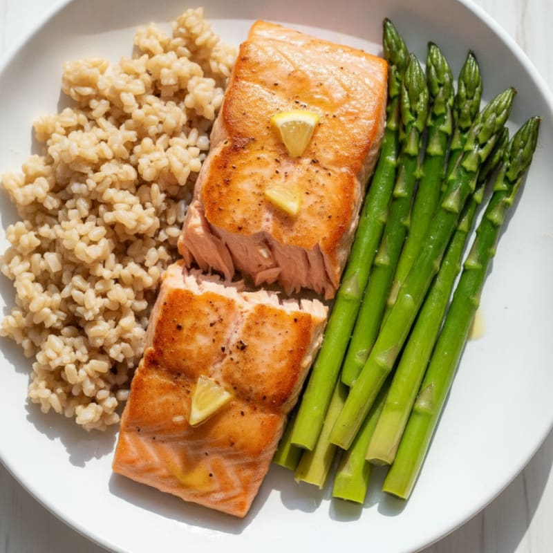 Seared Salmon with Steamed Asparagus and Brown Rice