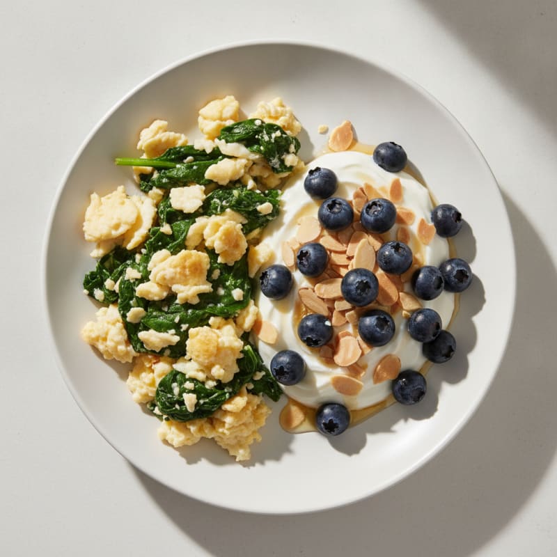 Egg White Spinach Scramble with Greek Yogurt and Fresh Berries