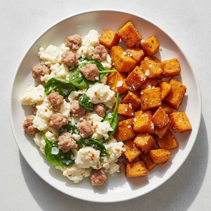 Egg White and Turkey Sausage Scramble with Roasted Sweet Potatoes