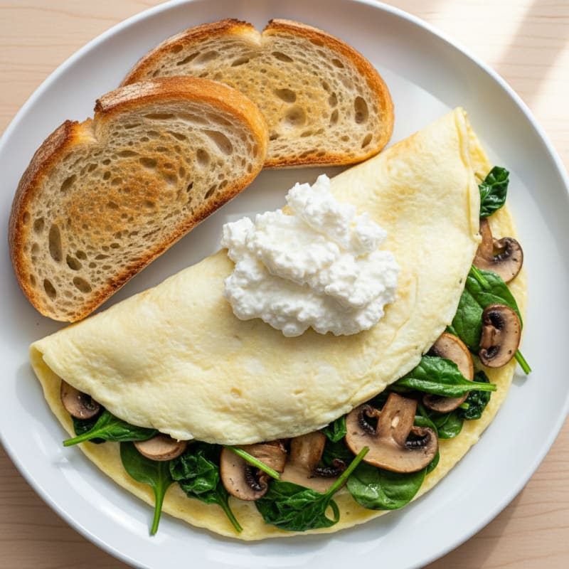Egg White Spinach Omelette with Cottage Cheese and Sautéed Mushrooms