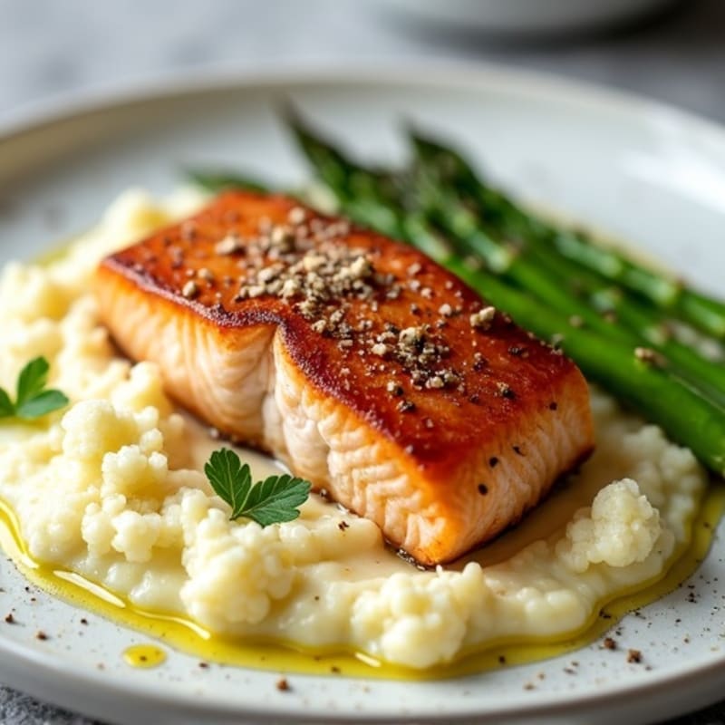 Seared Salmon with Steamed Asparagus and Garlic Cauliflower Mash