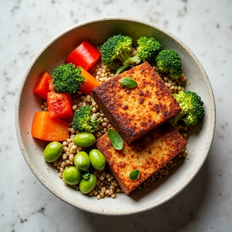 Crispy Baked Tofu with Roasted Vegetable Buddha Bowl