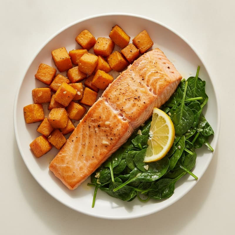 Seared Salmon with Roasted Sweet Potato and Wilted Spinach