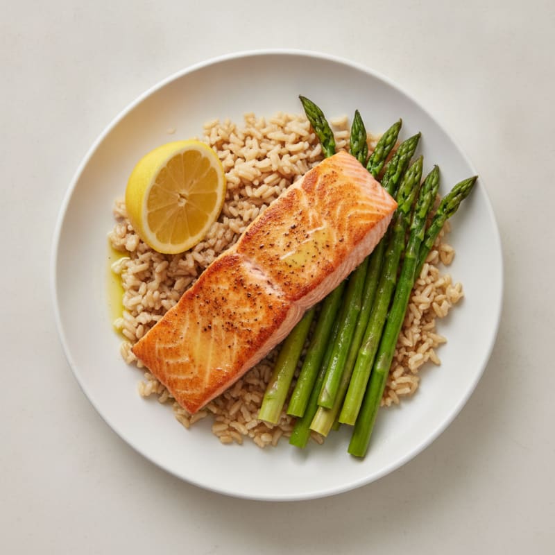 Seared Salmon with Steamed Asparagus and Brown Rice