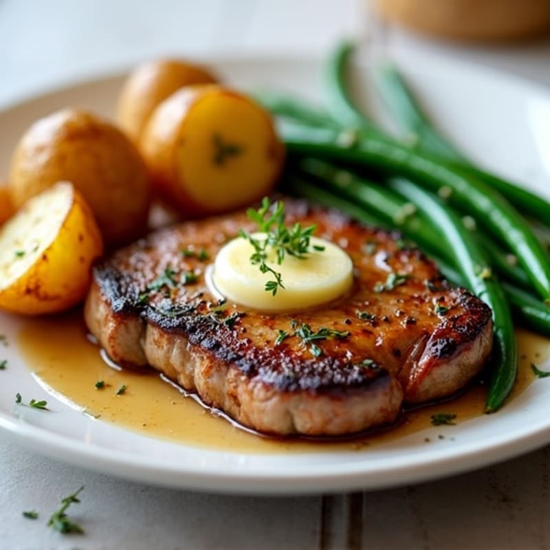 Pan-Seared Garlic Butter Steak with Crispy Roasted Potatoes and Green Beans