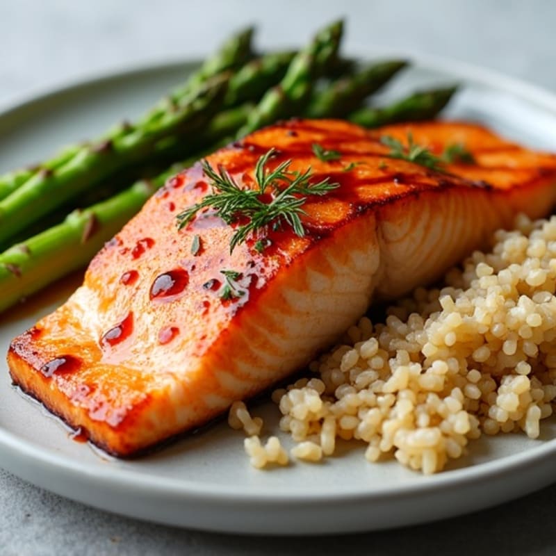 Flaky Teriyaki Glazed Salmon with Roasted Asparagus and Brown Rice