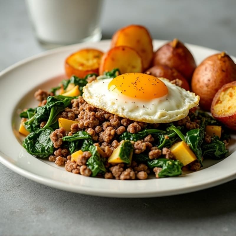Ground Beef and Spinach Scramble with Roasted Potatoes