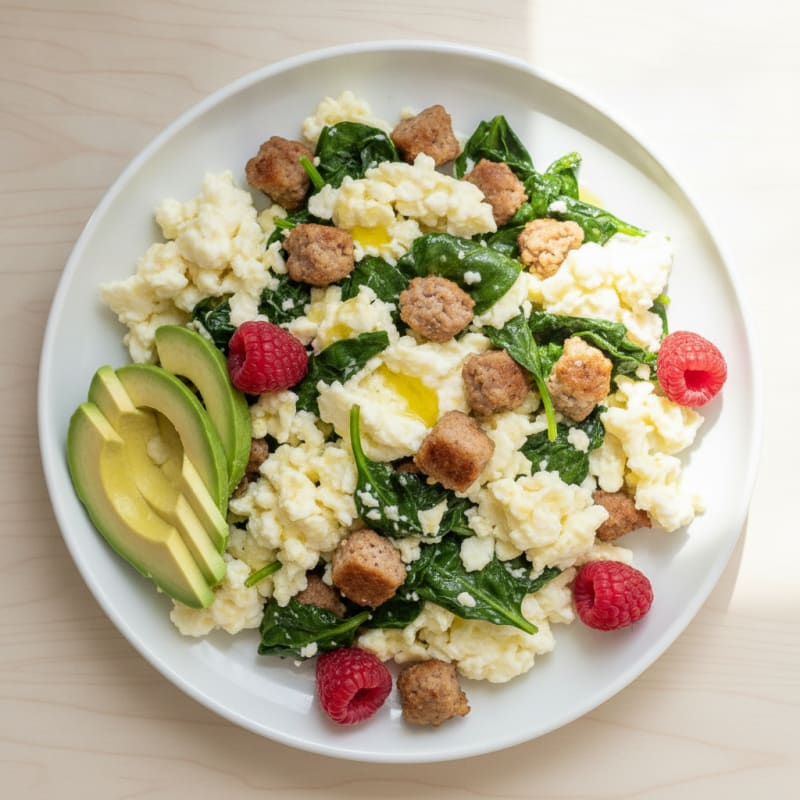 Egg White Scramble with Turkey Sausage and Sautéed Spinach