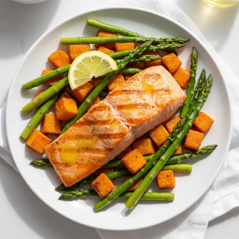 Seared Salmon with Roasted Sweet Potato and Asparagus