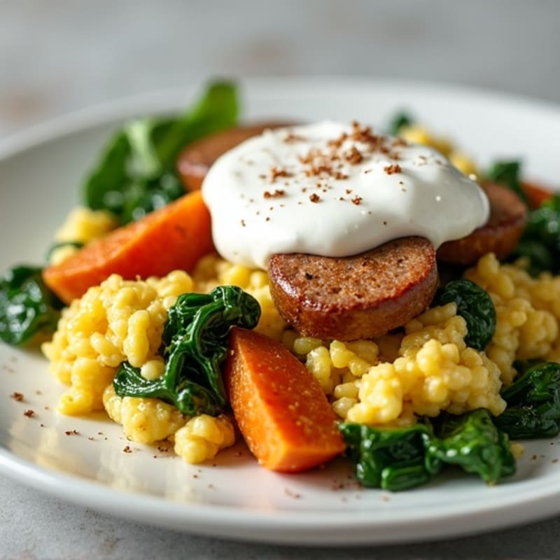 Egg White and Turkey Sausage Scramble with Spinach and Roasted Sweet Potato