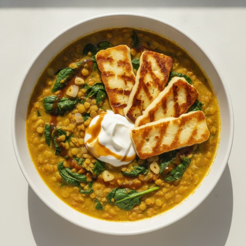 Creamy Lentil and Spinach Stew with Grilled Halloumi