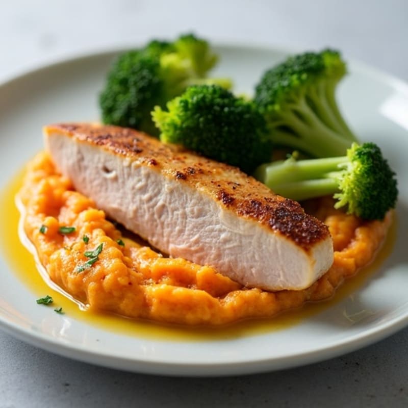 Seared Turkey Breast with Steamed Broccoli and Sweet Potato Mash