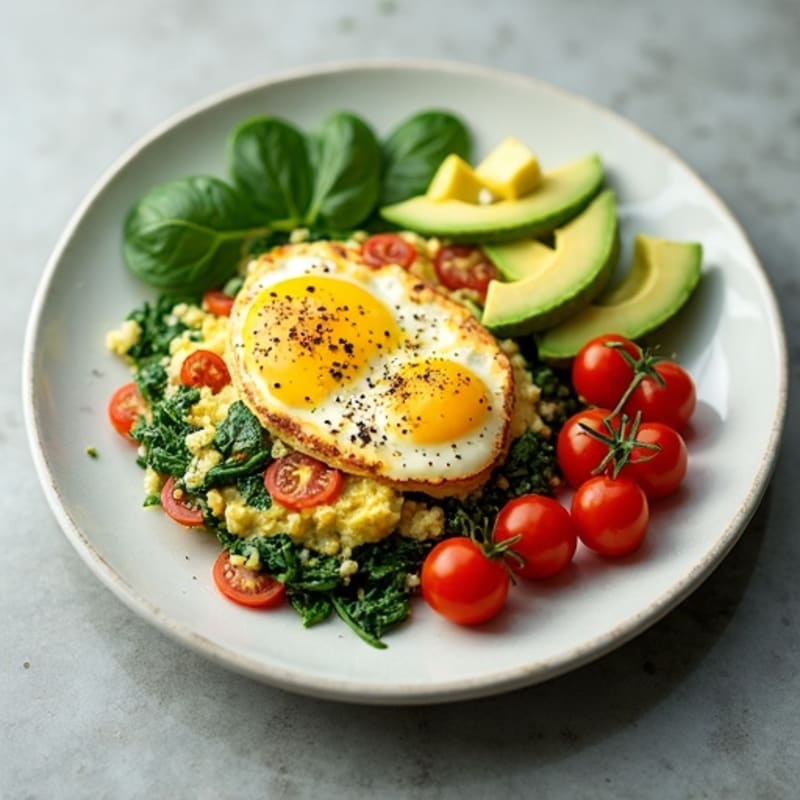 Egg White Spinach Scramble with Cottage Cheese, Cherry Tomatoes & Avocado