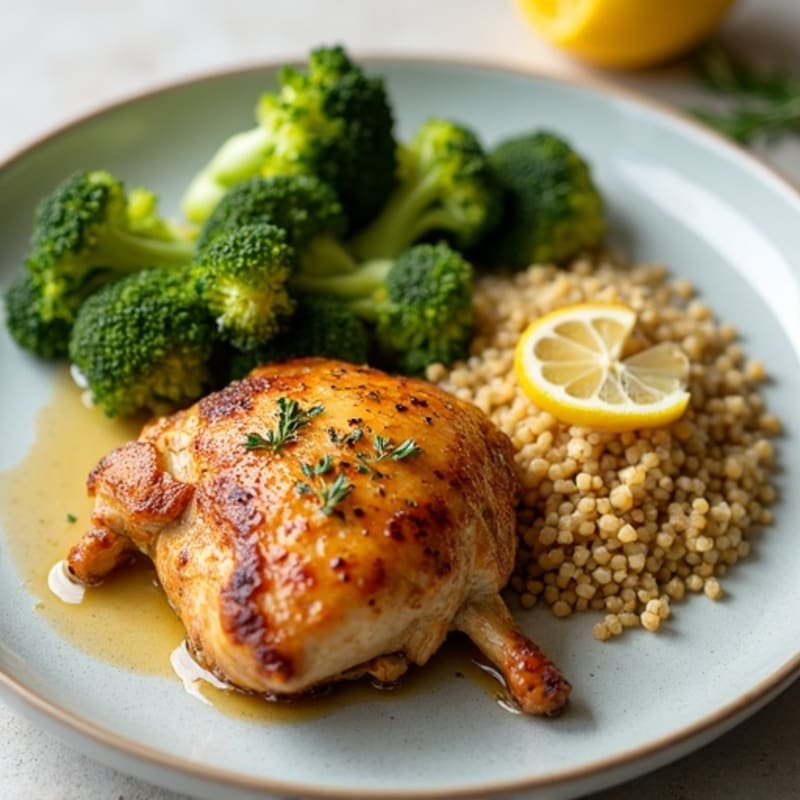 Lemon-Herb Crispy Roasted Chicken Thighs with Roasted Broccoli and Quinoa