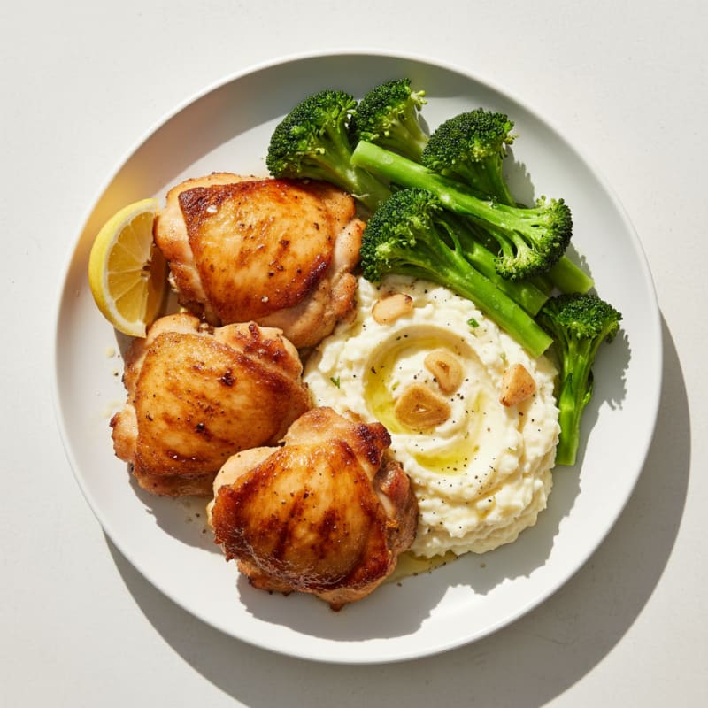 Seared Chicken Thighs with Steamed Broccoli and Garlic Cauliflower Mash