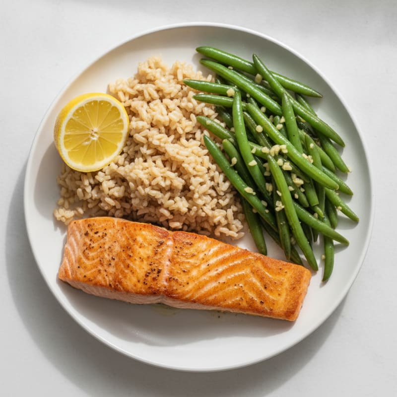 Seared Salmon with Garlic Green Beans and Brown Rice