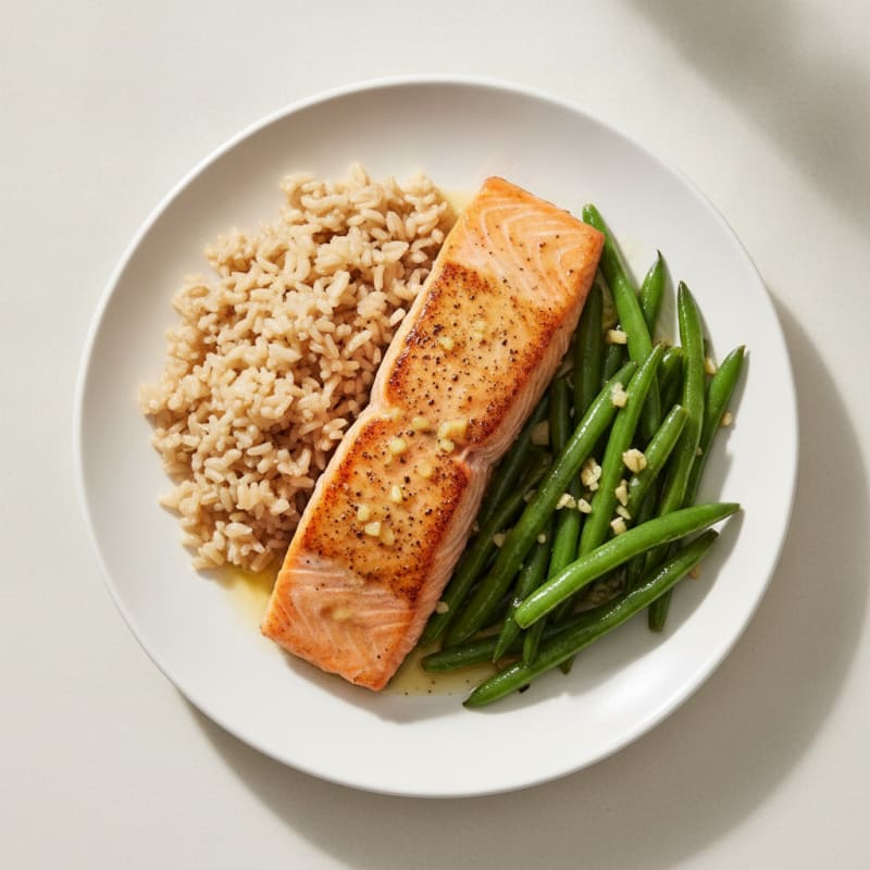 Seared Salmon with Garlic Green Beans and Brown Rice